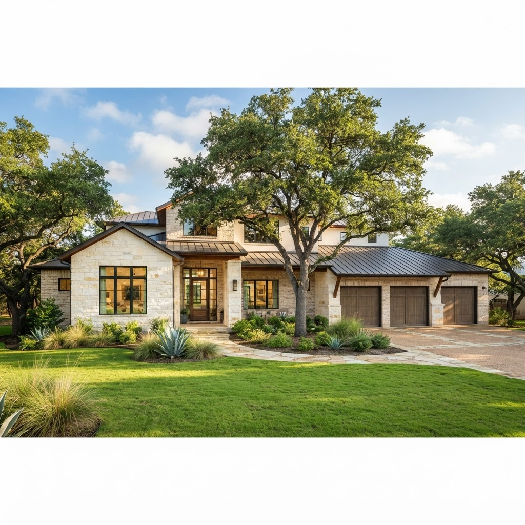 A bright modern Texas home on a sunny morning with a green lawn